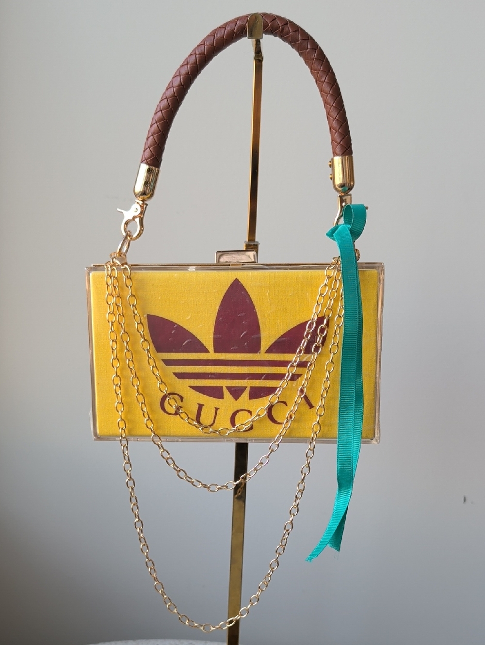 Upcycled Gucci X Adidas Yellow Box Clutch with Burgundy Logo and Teal Ribbon - Picture 3 of 10
